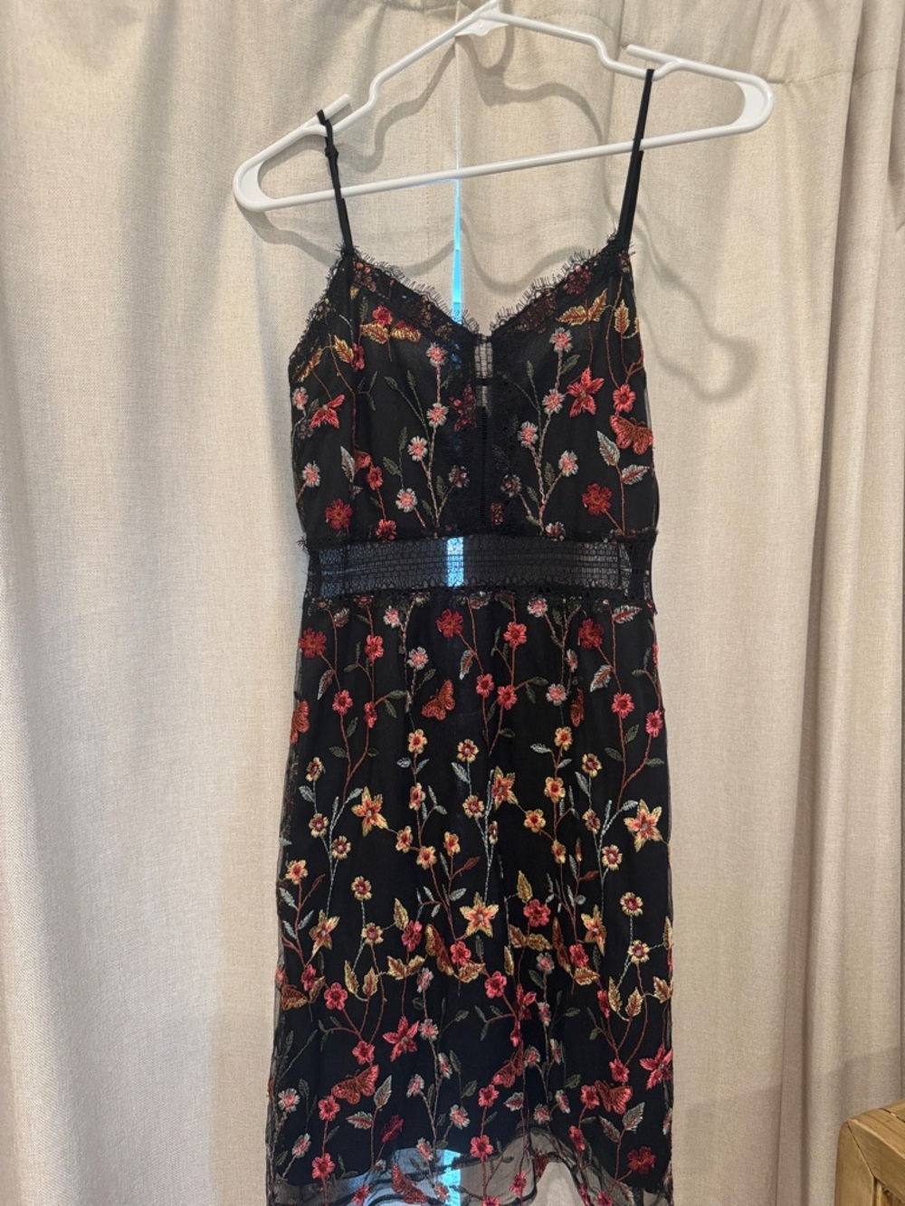 NSR Black Midi Slip Dress with Red, Pink and Cream Floral Embroidery